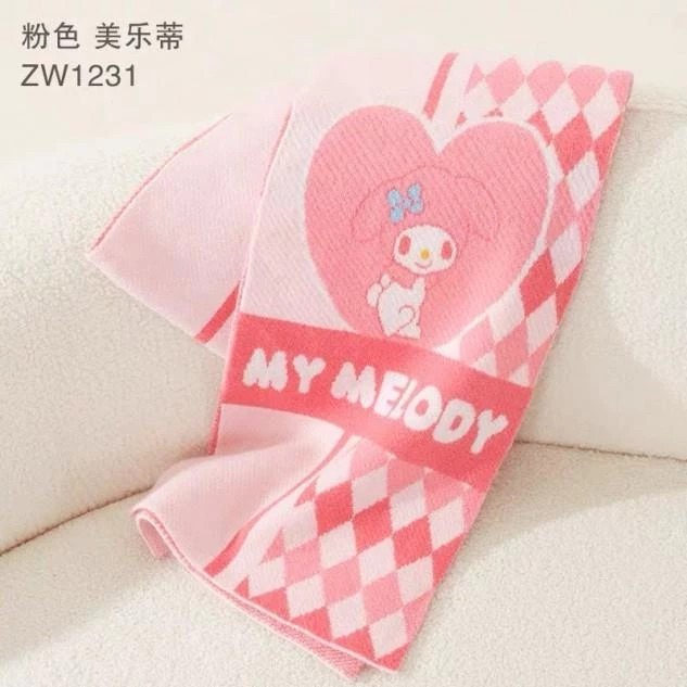 三麗鷗美樂蒂 My Melody 格紋愛心造型圍巾 粉色保暖圍脖毛線圍巾 冬季少女款-細節圖2