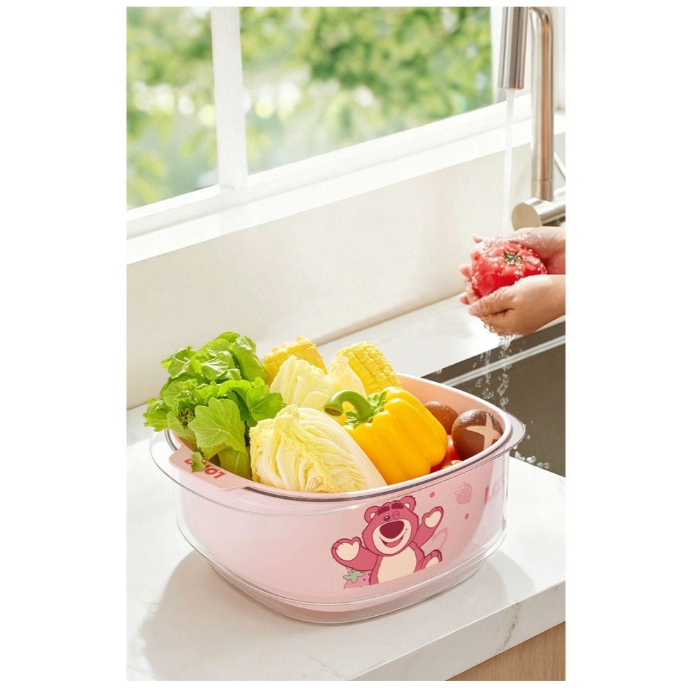 【迪士尼正版】草莓熊 熊抱哥 米奇 雙層瀝水籃 廚房洗菜盆 濾水盆 5L 9L 大容量-細節圖8