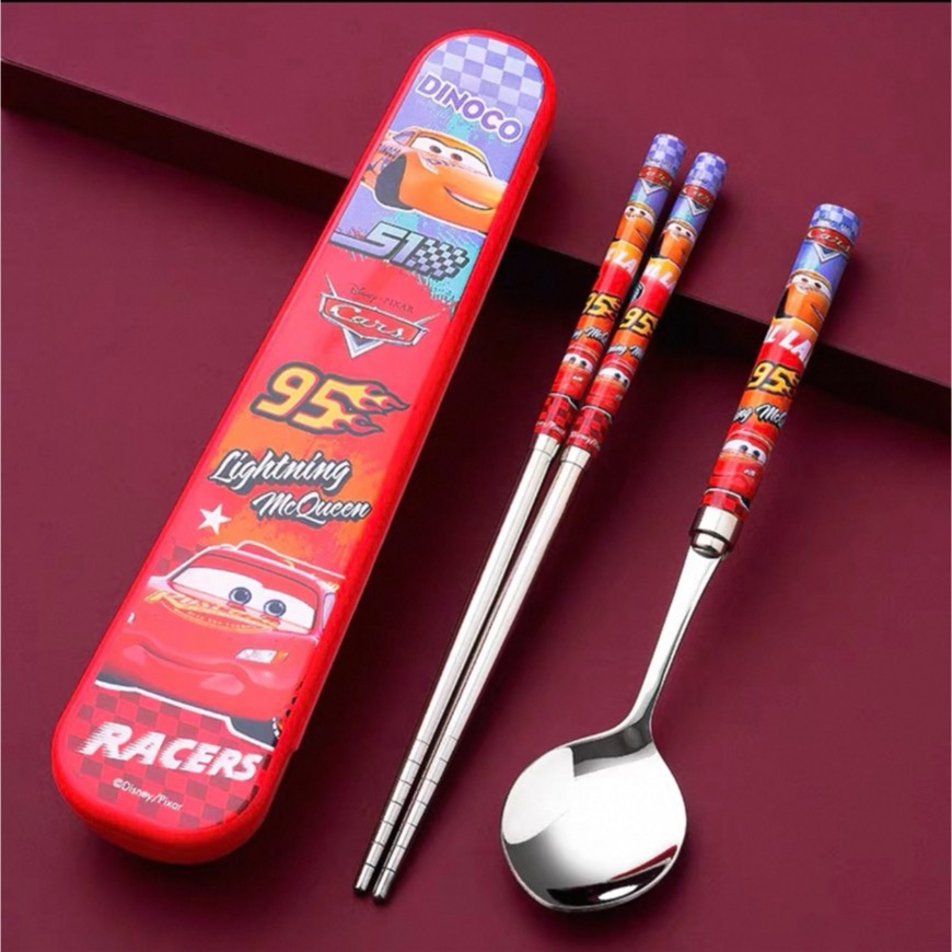 【迪士尼正版】汽車總動員 麥坤兒童餐具組 湯匙＋筷子＋收納盒 餐具套裝 麥昆304不鏽鋼餐具湯匙筷-細節圖3