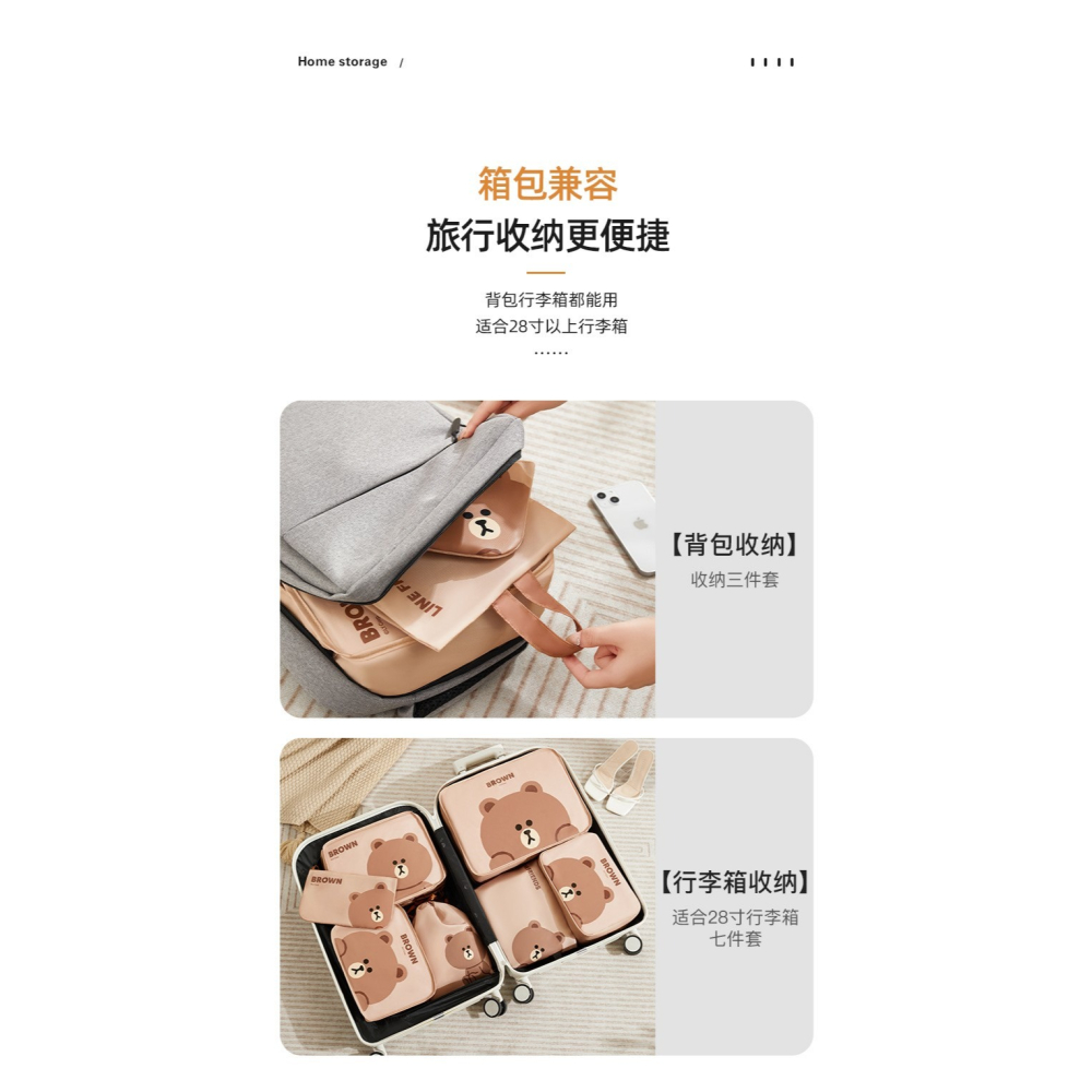 LINE FRIENDS熊大旅行收納七件套 正版 旅行分裝袋 旅行收納 防水防潮收納袋 行李箱收納袋 衣物收納-細節圖7