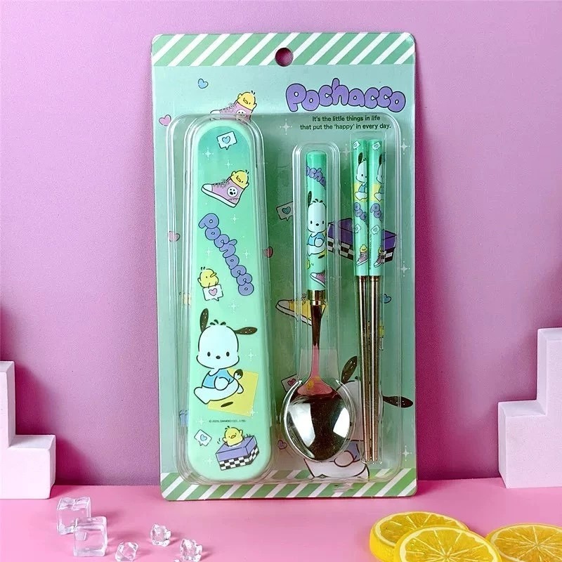 【三麗鷗正版】怕洽狗 庫洛米 美樂蒂 大耳狗 人魚 布丁狗 角色造型餐具組 含筷子 湯匙 收納盒-細節圖7