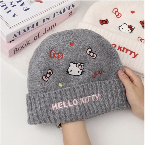 三麗鷗正版 Hello Kitty 保暖針織毛線帽 刺繡造型 冬季萌系帽子 女生必備-細節圖4