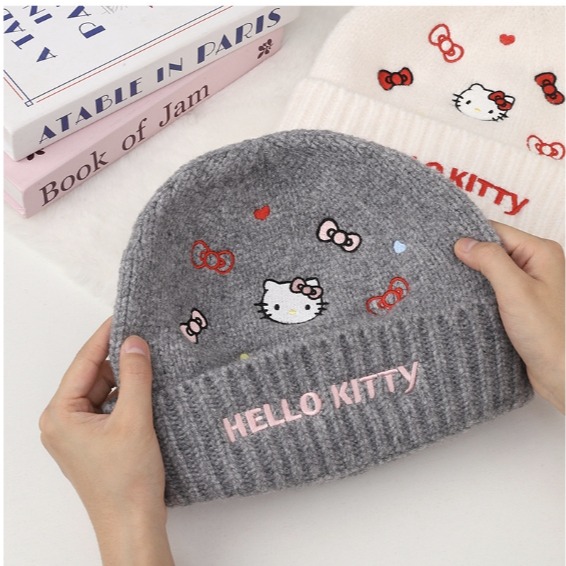 三麗鷗正版 Hello Kitty 保暖針織毛線帽 刺繡造型 冬季萌系帽子 女生必備-細節圖6