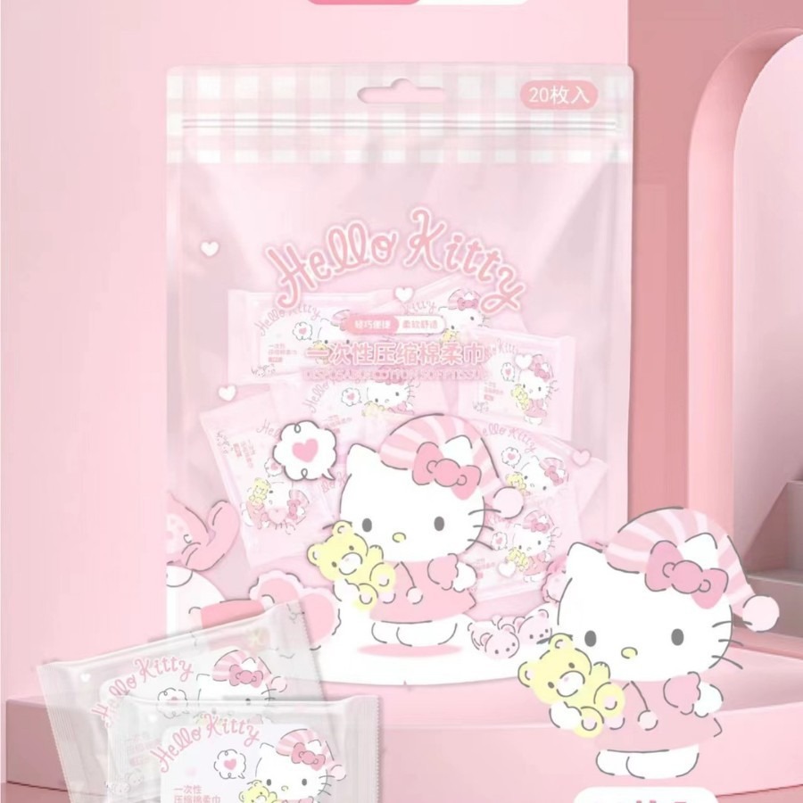 三麗鷗正版 Hello Kitty 一次性壓縮棉柔巾 旅遊外出超方便 20枚入 單片獨立包裝 衛生方便 20入-細節圖2