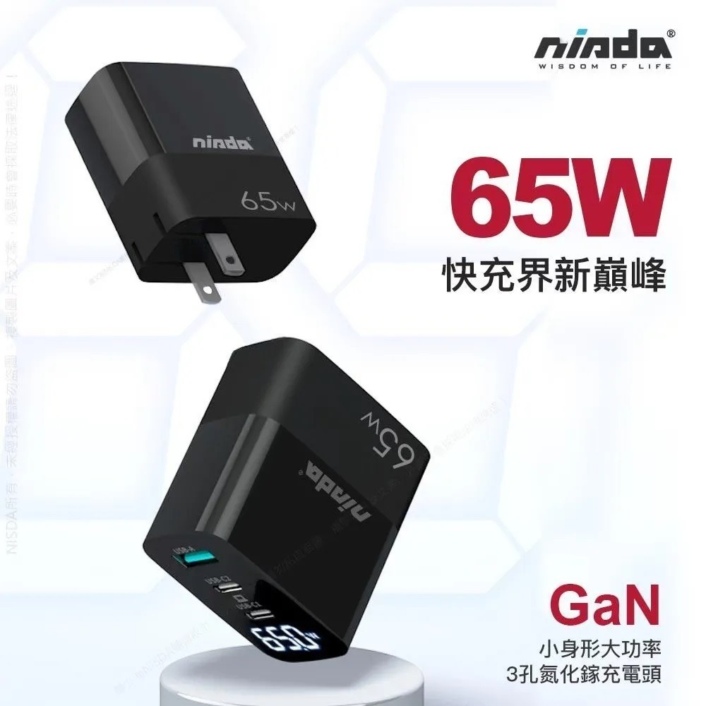 【 氮化鎵 GaN 快充頭 】 NISDA ★ 數字顯示 65W 三孔 充電器 ★ DQ365GN-細節圖2