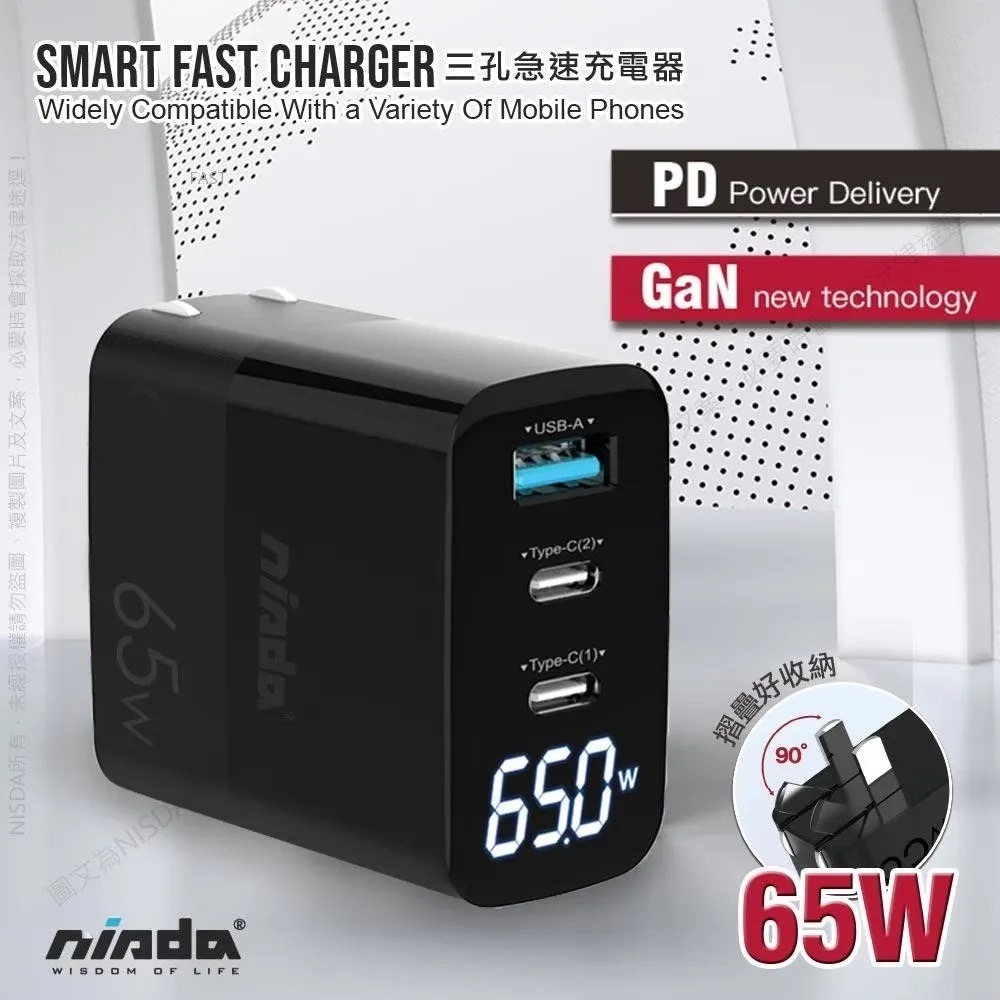 【 氮化鎵 GaN 快充頭 】 NISDA ★ 數字顯示 65W 三孔 充電器 ★ DQ365GN-細節圖4