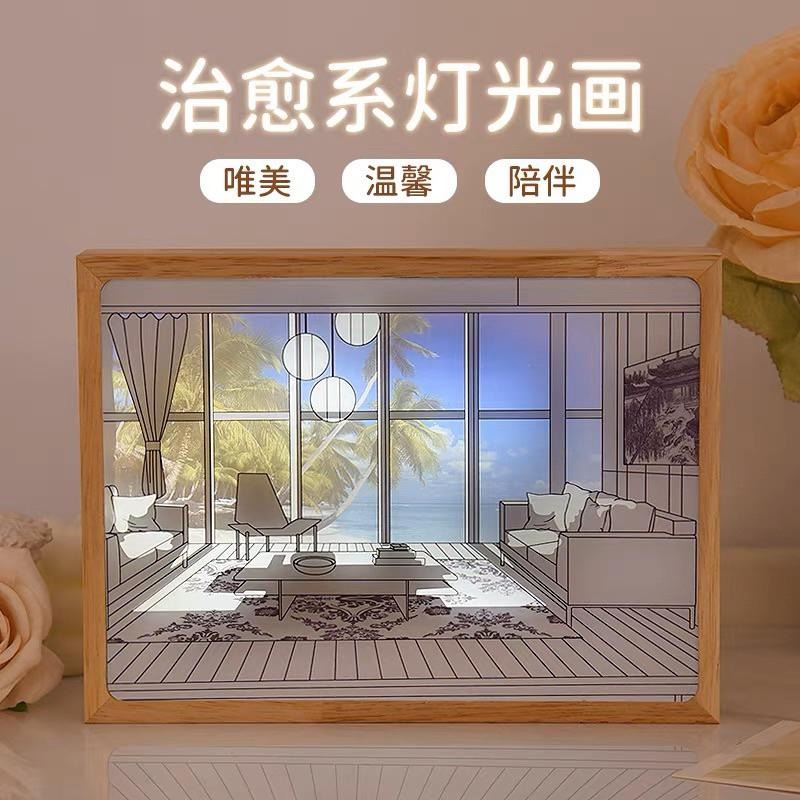 🍀台灣現貨🍀燈光畫 三色光 發光畫 裝飾畫 小夜燈 裝飾燈 氛圍燈 創意小夜燈 陽光燈 床頭燈 夜燈 小擺件 掛畫燈-細節圖3