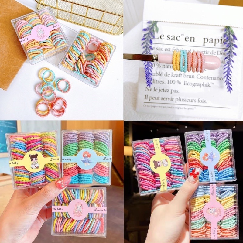 🍀台灣現貨🍀兒童彩色髮圈 100條裝 兒童髮圈 兒童橡皮圈 小女孩髮飾 不傷頭髮髮圈 紮頭髮皮筋 糖果色髮圈 高彈力-細節圖8