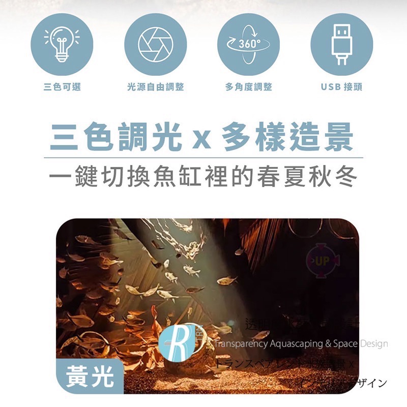 透明度 TRN｜UP AQUA 雅柏｜USB黃光/白光/自然光三合一多段溪流生態小射燈｜1尺｜30cm｜入門型LED夾燈-細節圖3