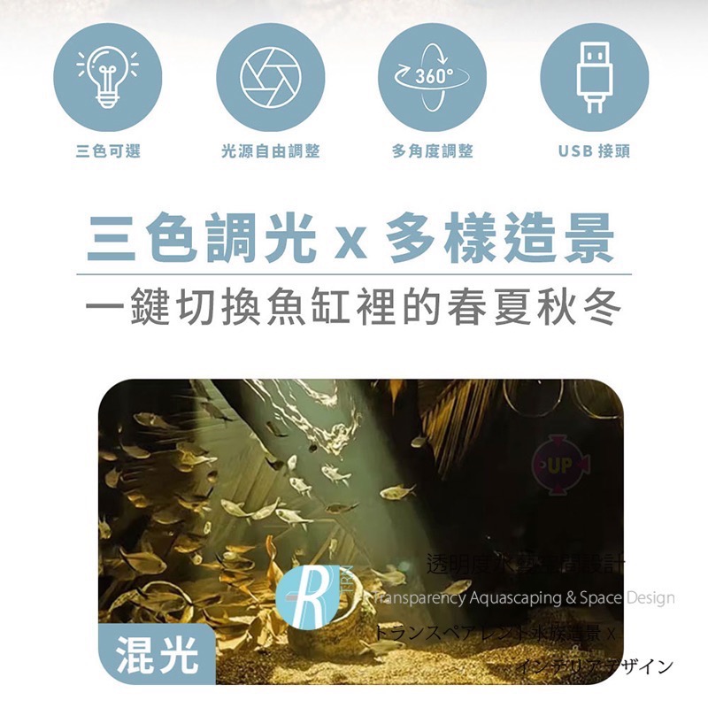 透明度 TRN｜UP AQUA 雅柏｜USB黃光/白光/自然光三合一多段溪流生態小射燈｜1尺｜30cm｜入門型LED夾燈-細節圖4