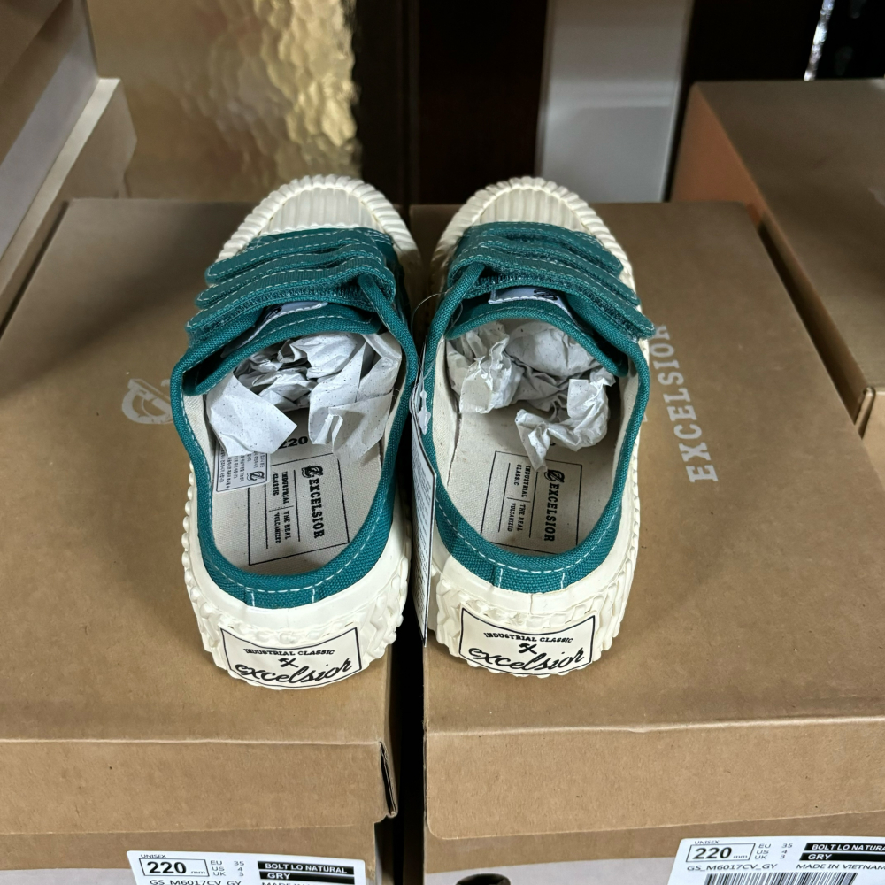 【Excelsior餅乾鞋】穆勒 藍綠色帆布 白底 (ES_M6017MV_BL) 魔鬼氈-細節圖2