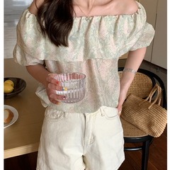 Ca☘️復古一字平口荷葉邊泡泡袖短T-細節圖3