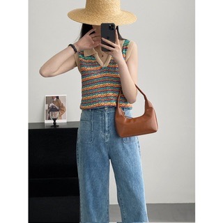 da🕊️夏季彩色條紋鏤空polo領針織背心-細節圖2