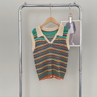 da🕊️夏季彩色條紋鏤空polo領針織背心-細節圖3
