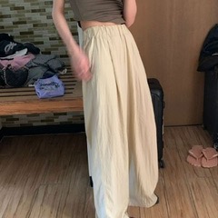 Ca☘️薄款高腰慵懶風皺褶休閒闊腿褲-細節圖2