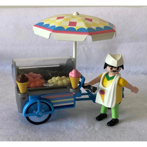 Playmobil 摩比 絕版 7492 冰淇淋 餐車 三輪車 攤販 路邊攤 大叔 廚師帽 遮陽傘（二手袋裝）