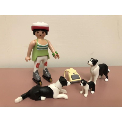 正版 德國 Playmobil 摩比 5213 絕版 牧羊犬 寵物 狗狗 直排輪 美女 女孩 主人 黃色背包