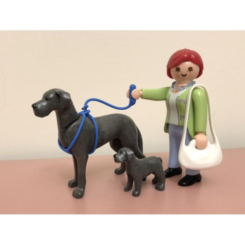 正版 德國 Playmobil 摩比 5210 絕版 大丹狗 寵物 家庭 紅髮 美女 遛狗 白色 包包