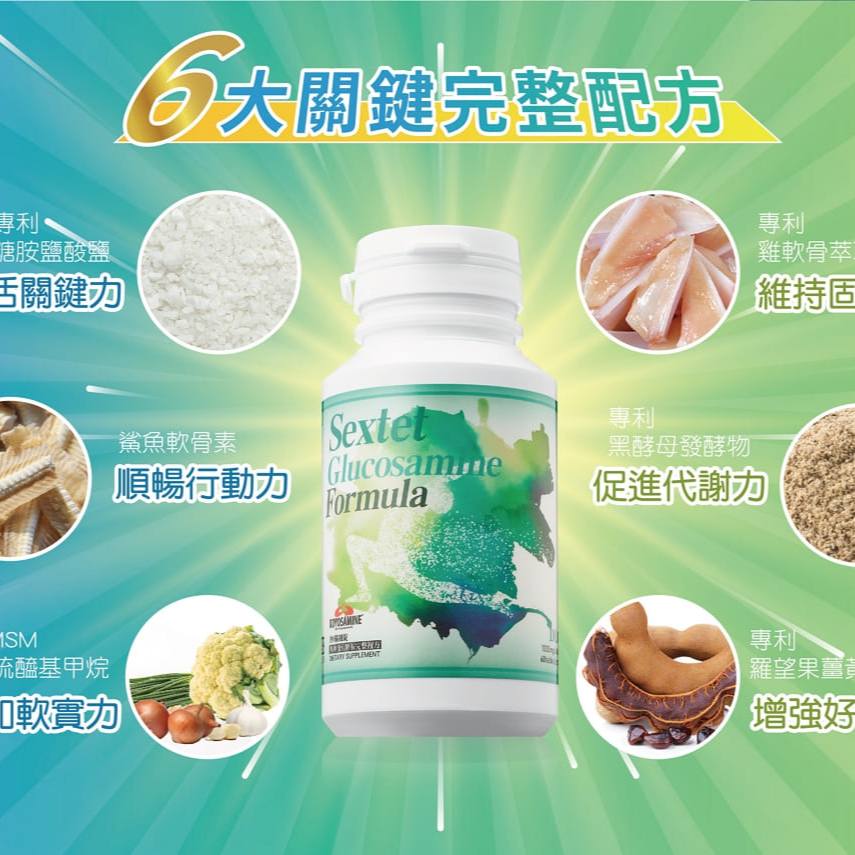 固6關鍵錠 專利葡萄糖胺完整複方 Sextet Glucosamine Formula 60錠／瓶-細節圖2