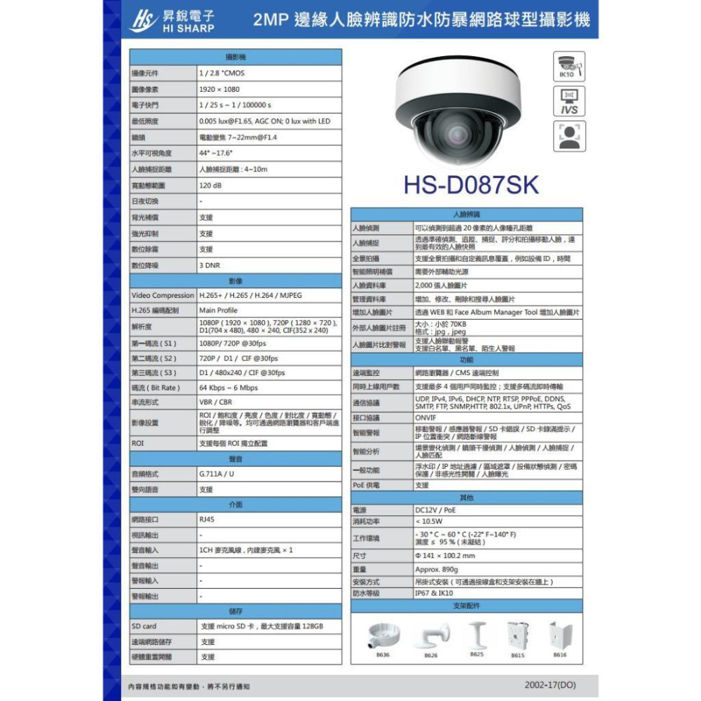 昇銳 HS-D087SK 200萬 7-22mm電動變焦 人臉辨識 半球網路攝影機 雙向語音-細節圖6