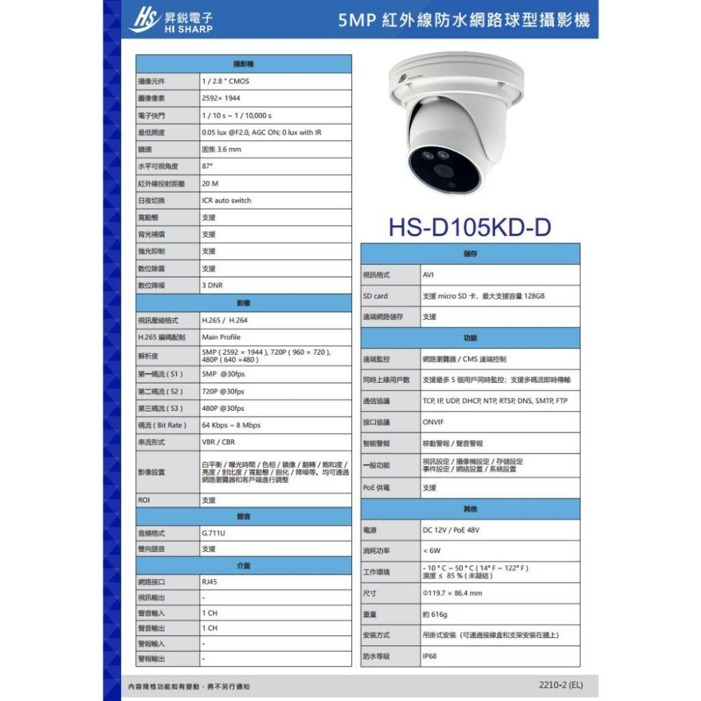 【無名】昇銳 HS-D105KD-D 500萬 紅外線 半球 網路攝影機 PoE 雙向語音 夜視20M 監視器-細節圖6