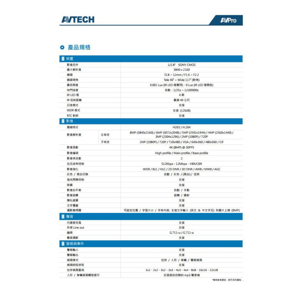 DGM8449SVAT AVTECH 陞泰 800萬 星光級 2.8-12mm變焦 紅外線半球網路攝影機 POE-細節圖5