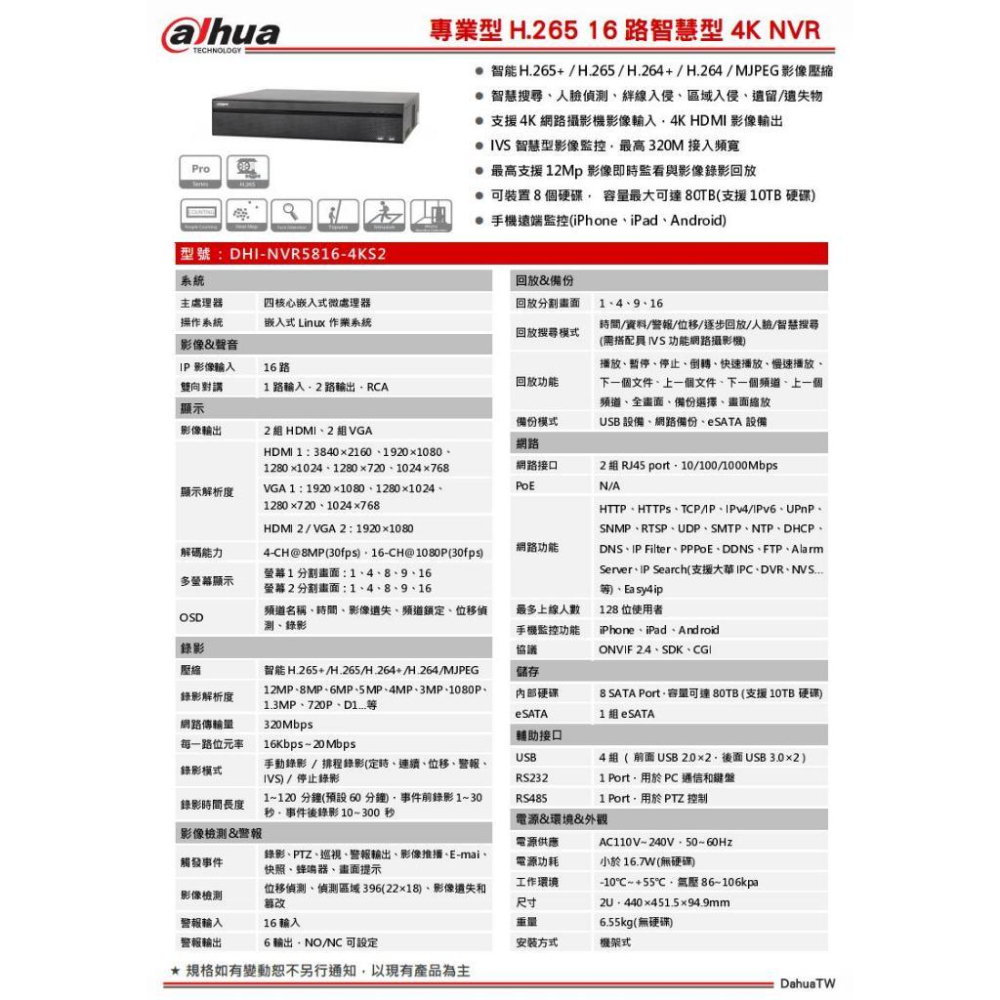 大華 DHI-NVR5816-4KS2 1200萬 專業型 H.265 16路 8硬碟 智慧型 4K NVR 網路主機-細節圖3