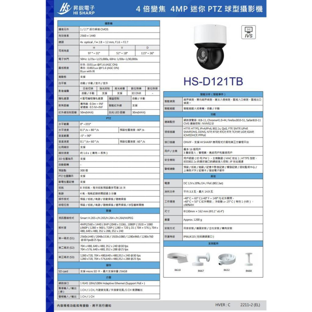 C【無名】昇銳 HS-D121TB 400萬 4倍變焦 星光級 PTZ 快速球 攝影機 紅外線50M 內建麥克風-細節圖5