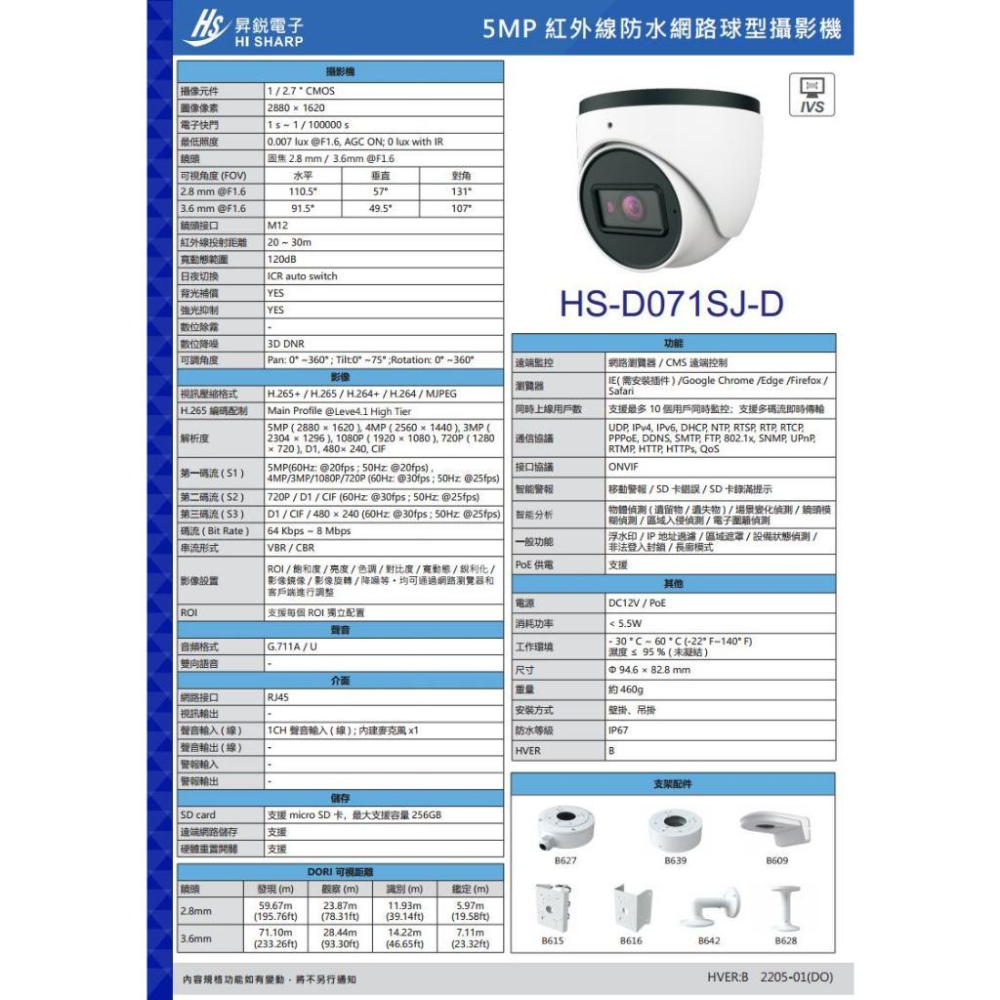 C【無名】 昇銳 HS-D071SJ-D 500萬 紅外線 半球網路攝影機 PoE 內建麥克風 夜視20-30M-細節圖6