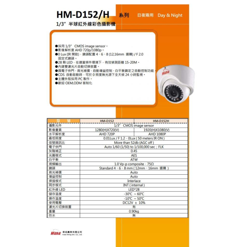 R【無名】環名 HM-D152H 200萬 AHD 1080P 2MP 日夜兩用 紅外線彩色半球型攝影機-細節圖4