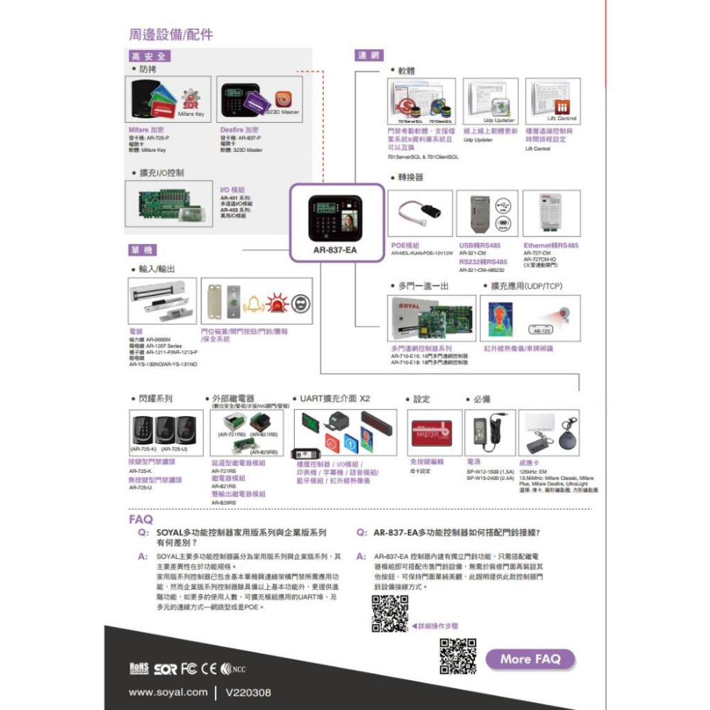 33無名 - SOYAL AR-837-EA E2 臉型辨識 EM 125K RS-485 黑色 門禁讀卡機 考勤打卡-細節圖6