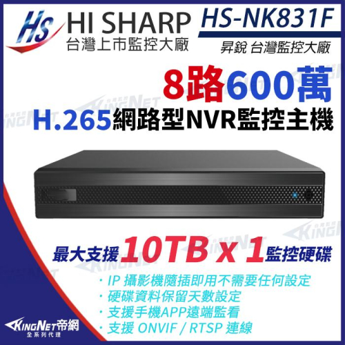 O【無名】昇銳 HS-NK831F H.265 600萬 8路 監控主機 雙向語音 NVR 網路型錄影主機