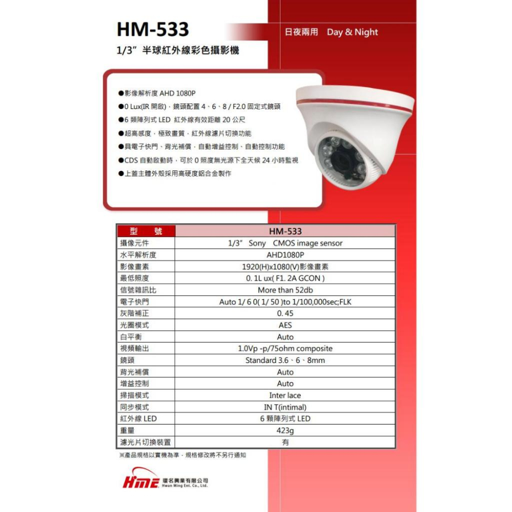 R【無名】環名HME HM-533 200萬AHD 2MP 日夜兩用 紅外線 彩色 半球型攝影機 夜視-細節圖4