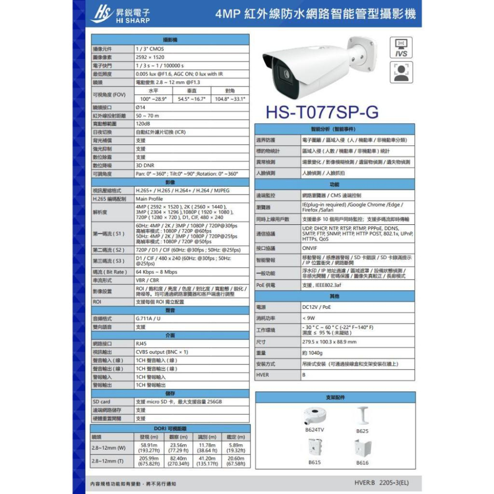 C【無名】 昇銳 HS-T077SP-G 400萬 2.8-12mm 電動變焦 智能紅外線 槍型網路攝影機-細節圖6