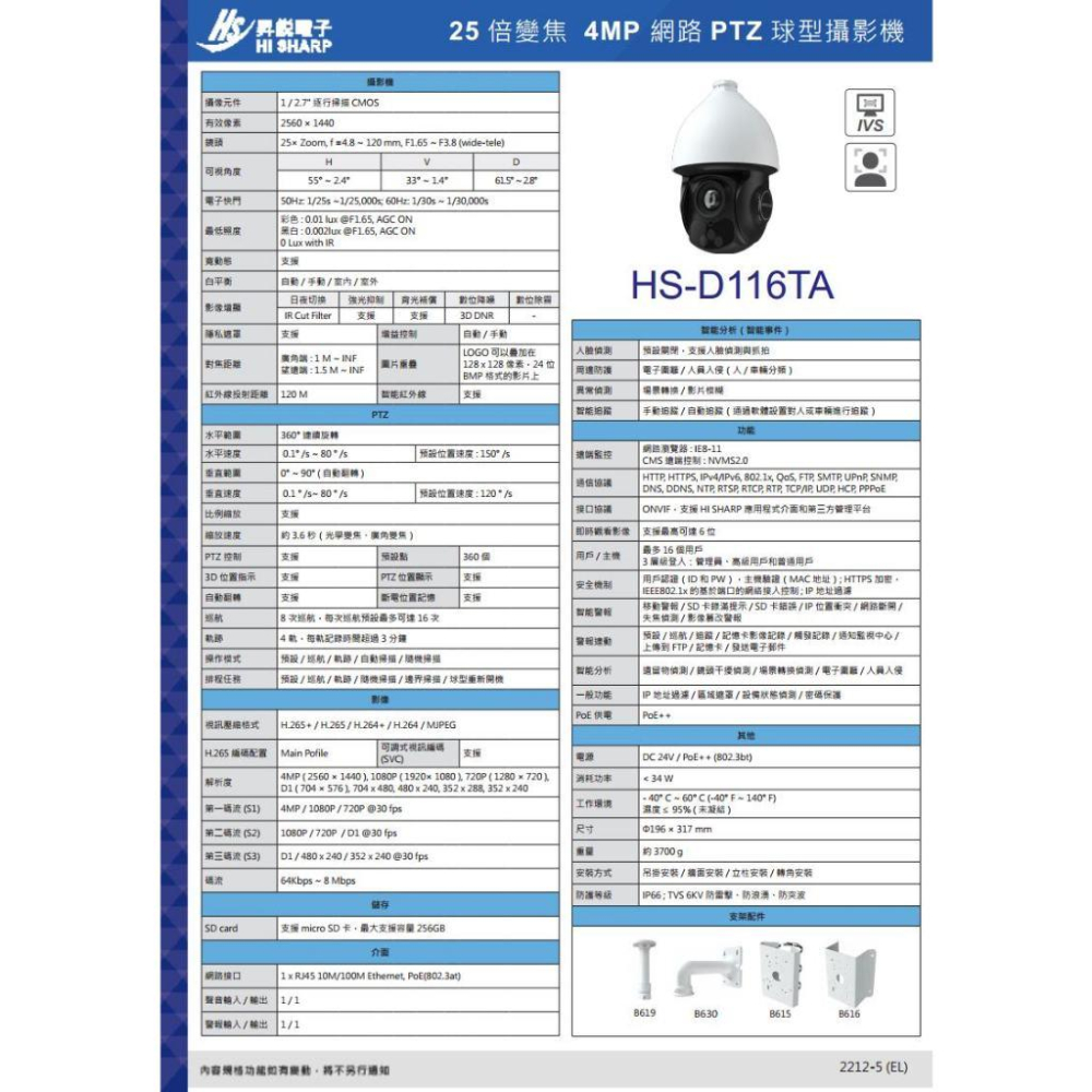 【無名】昇銳 HS-D116TA 400萬 25倍變焦 PTZ球型 網路攝影機 PoE++ 紅外線100M 監視器-細節圖5