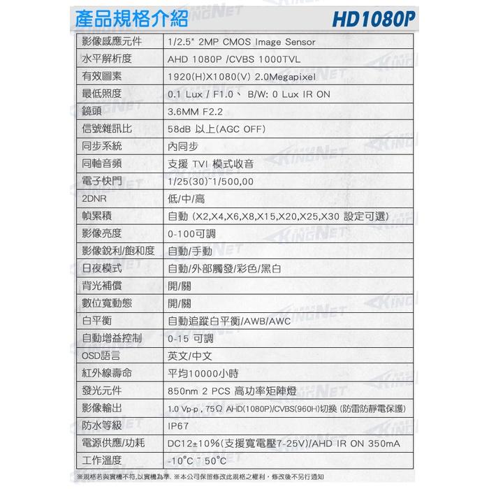 B無名-監視器 台製 1080P 聲音槍型攝影機 AHD TVI 夜視防水 內建麥克風 同軸音頻 收音需搭AVT系列主機-細節圖9