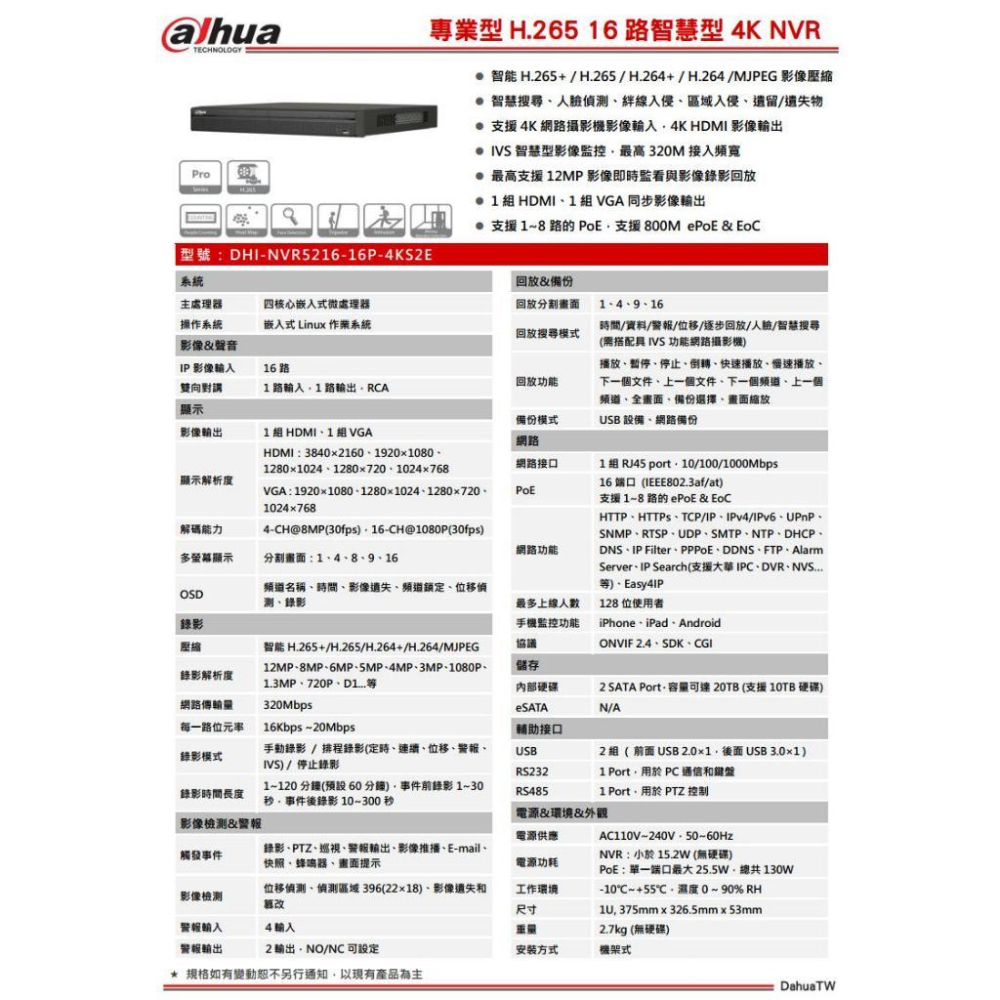 大華 DHI-NVR5216-16P-4KS2E 1200萬 專業型 H.265 16路 16路PoE 雙硬碟 監控主機-細節圖3