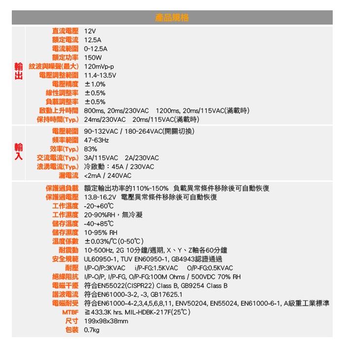 W【無名】150W 專業型 電源供應器 DC12V 12.5A 集中管理電源  150W 單組輸出開關電源-細節圖5