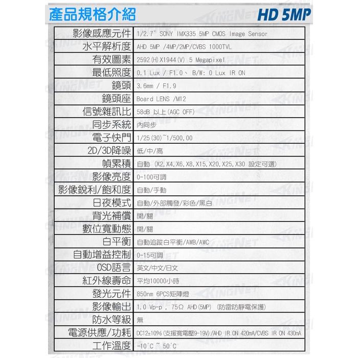 C【無名】監視器 500萬 5MP 五百萬 紅外線鏡頭 SONY 攝像頭 攝影機 監控鏡頭 半球鏡頭 含稅 GC-細節圖7