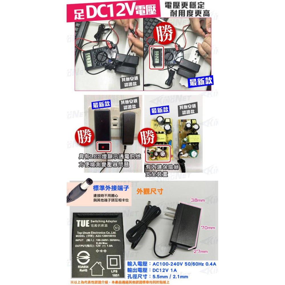 W【無名】監視器設備 電源變壓器 DC12V/1A 直插式 安規認證 AC100-240V 具LED燈 含稅-細節圖2