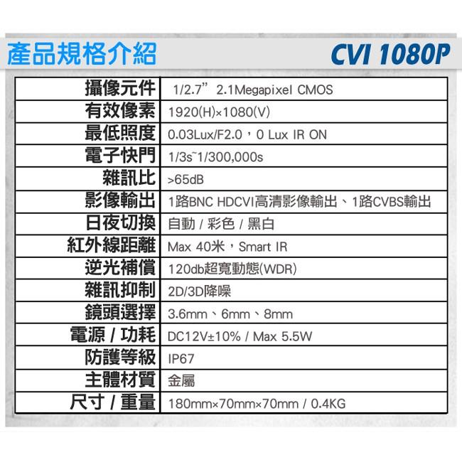 B【無名】監視器 攝影機 CVI 1080P 防水槍型監視器 WDR 真實寬動態 抗逆光 OSD選單 含稅-細節圖9