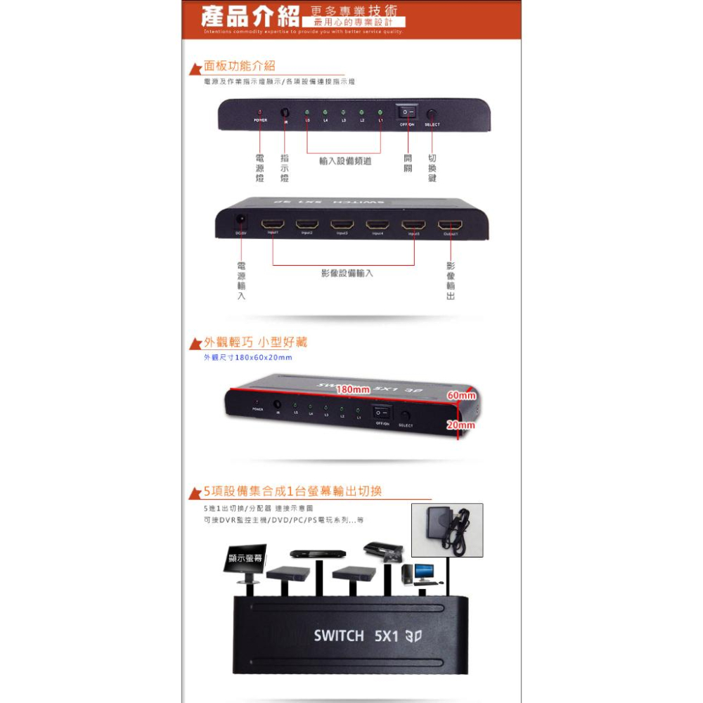 11無名-監視器 5進1出影音訊號切換器 4K傳輸 HD訊號切換器 多台設備輸出到一台顯示器進行切換 含稅 開發票-細節圖2