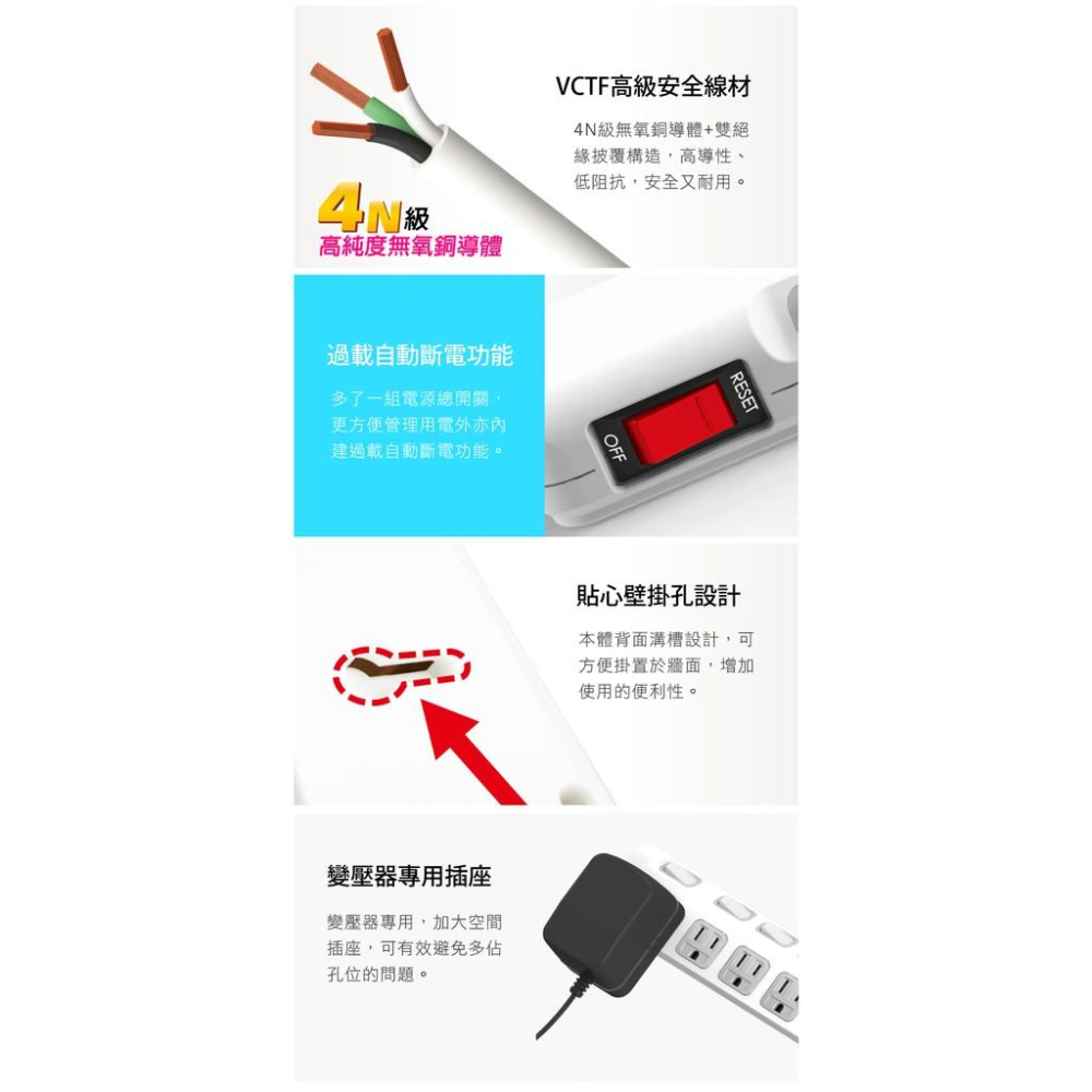 Z無名-監視器 Tyson太順電業 TS-376AS 3孔7切6座延長線(拉環扁插)-1.8米 排插 含稅 開發票-細節圖4