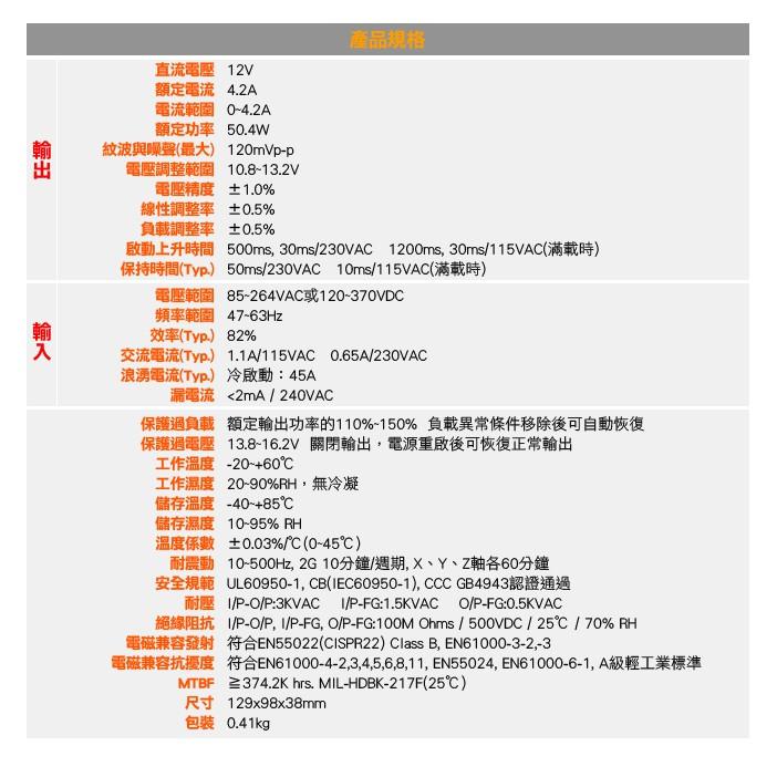 W無名-監視器 50W單組輸出開關電源 DC12V:4.2A 100-240V 集中管理電源 含稅 開發票-細節圖4