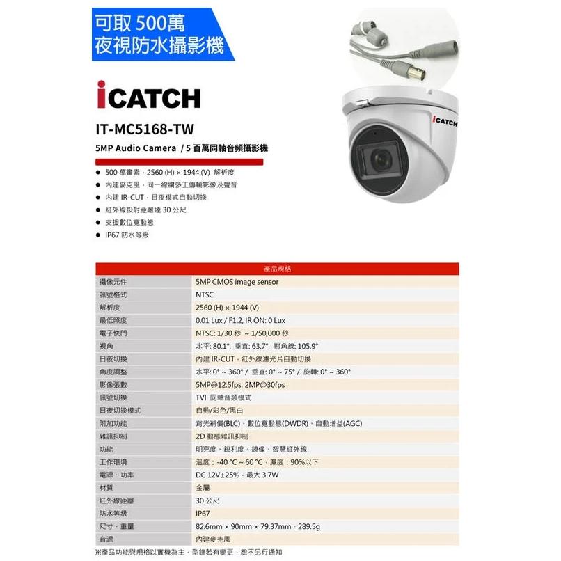 【紅海】可取  IT-MC5168-TW 麥克風 內建收音 半球  監視器 icatch 同軸音頻 500萬 攝影機-細節圖2