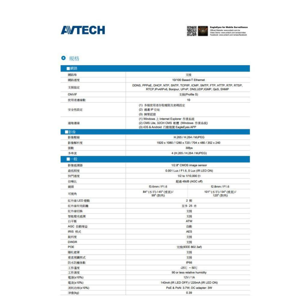 DGM2203SV AVTECH 陞泰 1080P 25米紅外線半球型網路攝影機 POE 200萬 星光級-細節圖3
