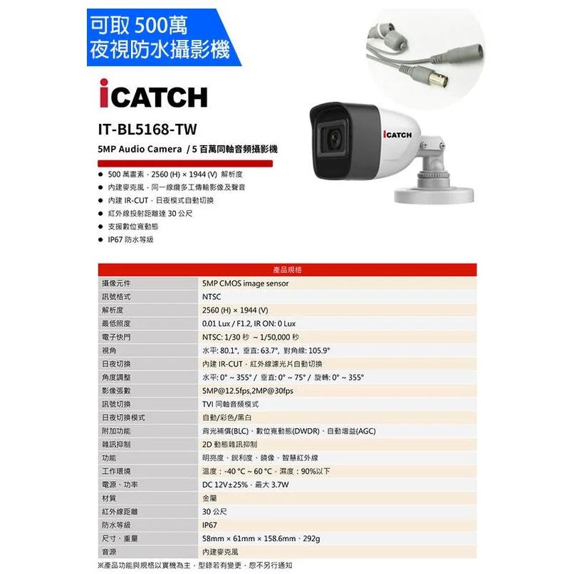 IT-BL5168-TW 監視器 可取 500萬 5MP icatch 內建 收音 麥克風 同軸音頻 夜視 防水攝影機-細節圖2