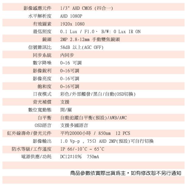 AHD 1080P 監視器 戶外防護罩 四合一 攝影機 12陣列燈 2.8-12mm 手動調焦 攝像頭 錄影主機-細節圖7