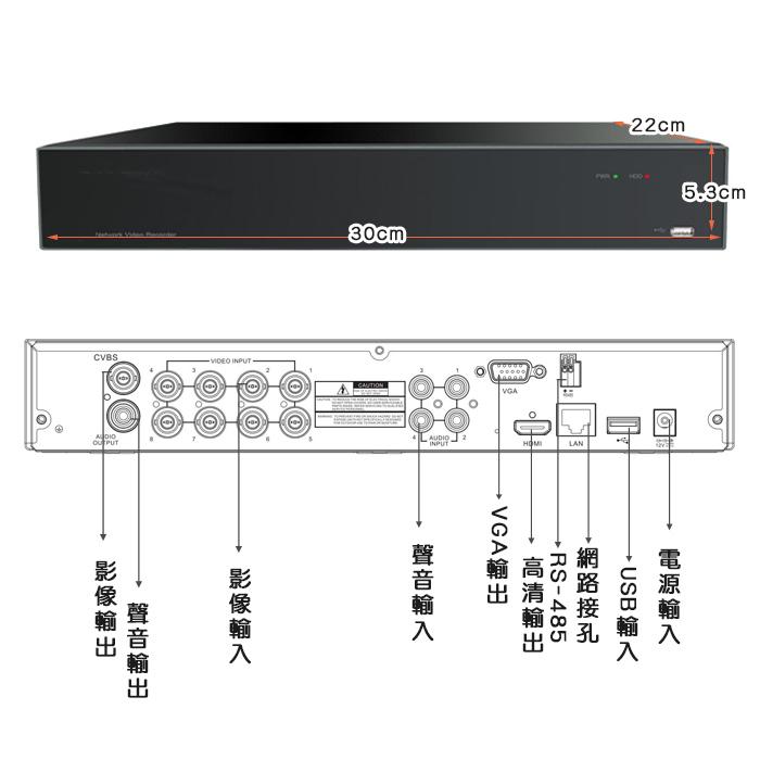 【紅海監控】800萬 H.265 8路監控主機 8路4聲 4K AHD TVI CVI DVR 監控主機 8路主機-細節圖3