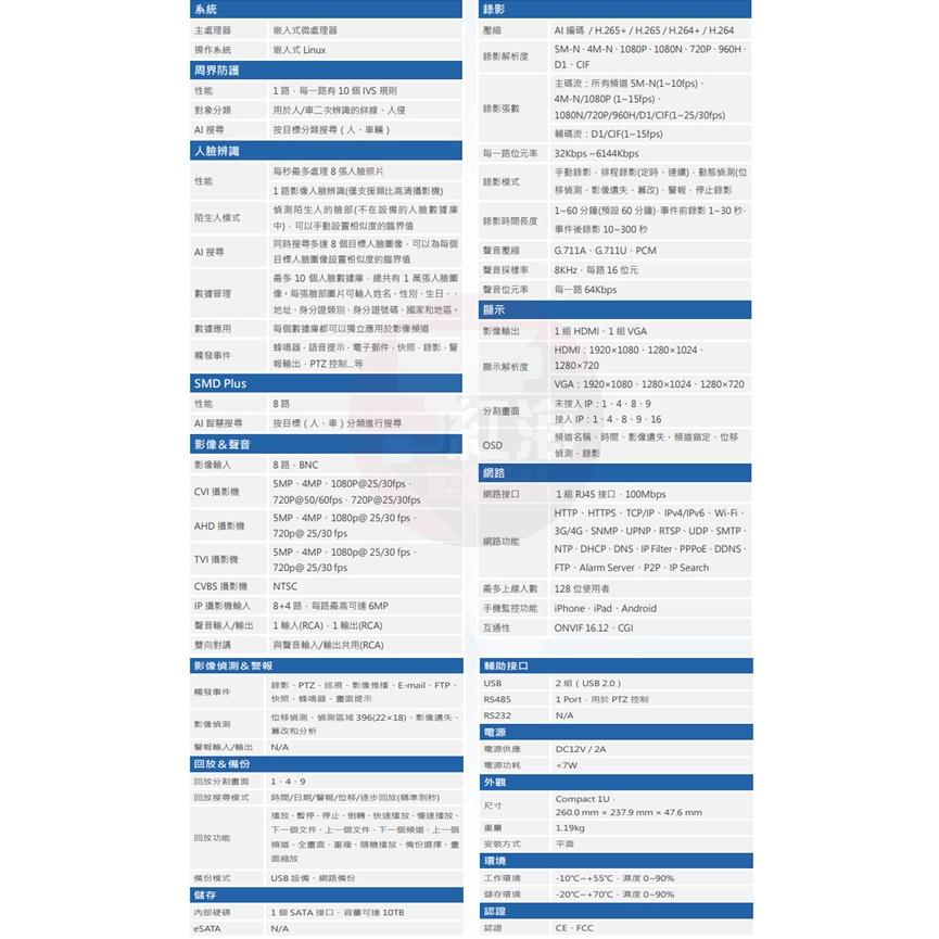 【紅海監控】大華 主機套餐 五合一 8路4支 500萬 八路主機 H.265 DVR 8路主機 5M 戶外攝影機-細節圖6